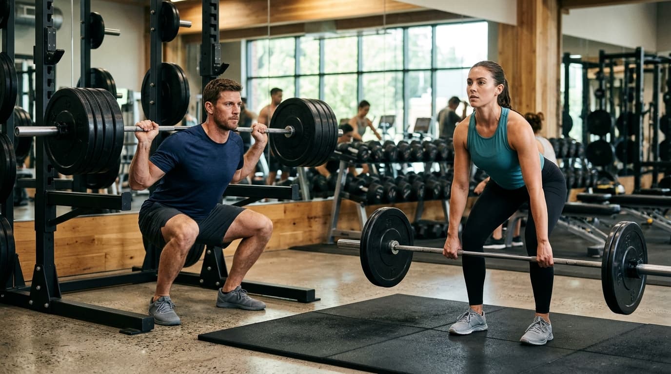 Athletes lifting weights in a strength and conditioning gym.