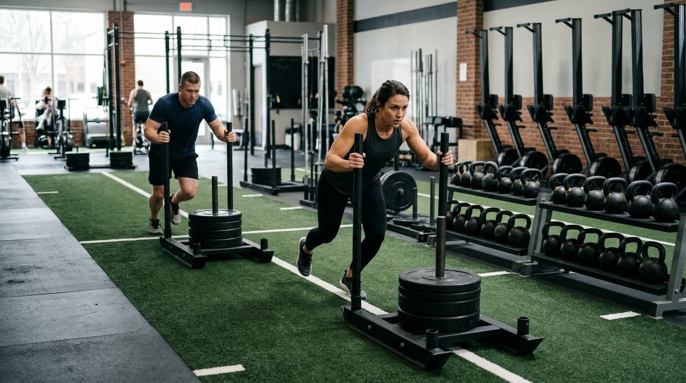 Athletes in athletic wear pushing heavy training sleds on an indoor gym turf lane.