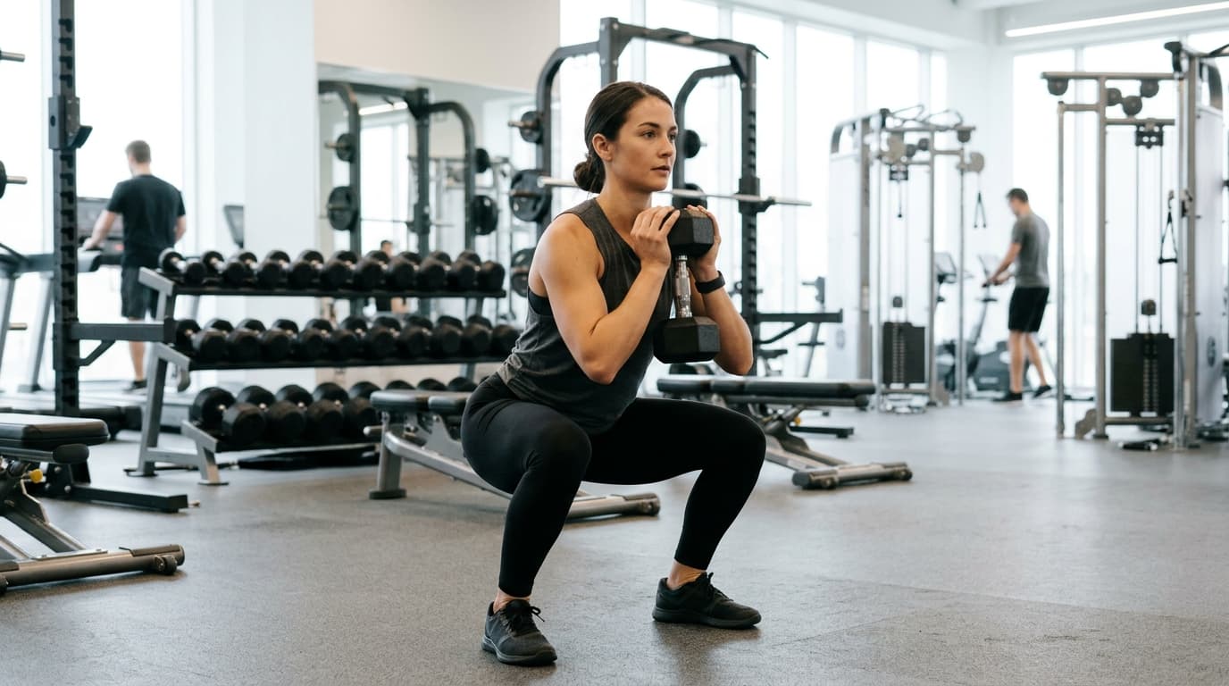 An athlete performing a dumbbell goblet squat with proper form in a modern gym setting.